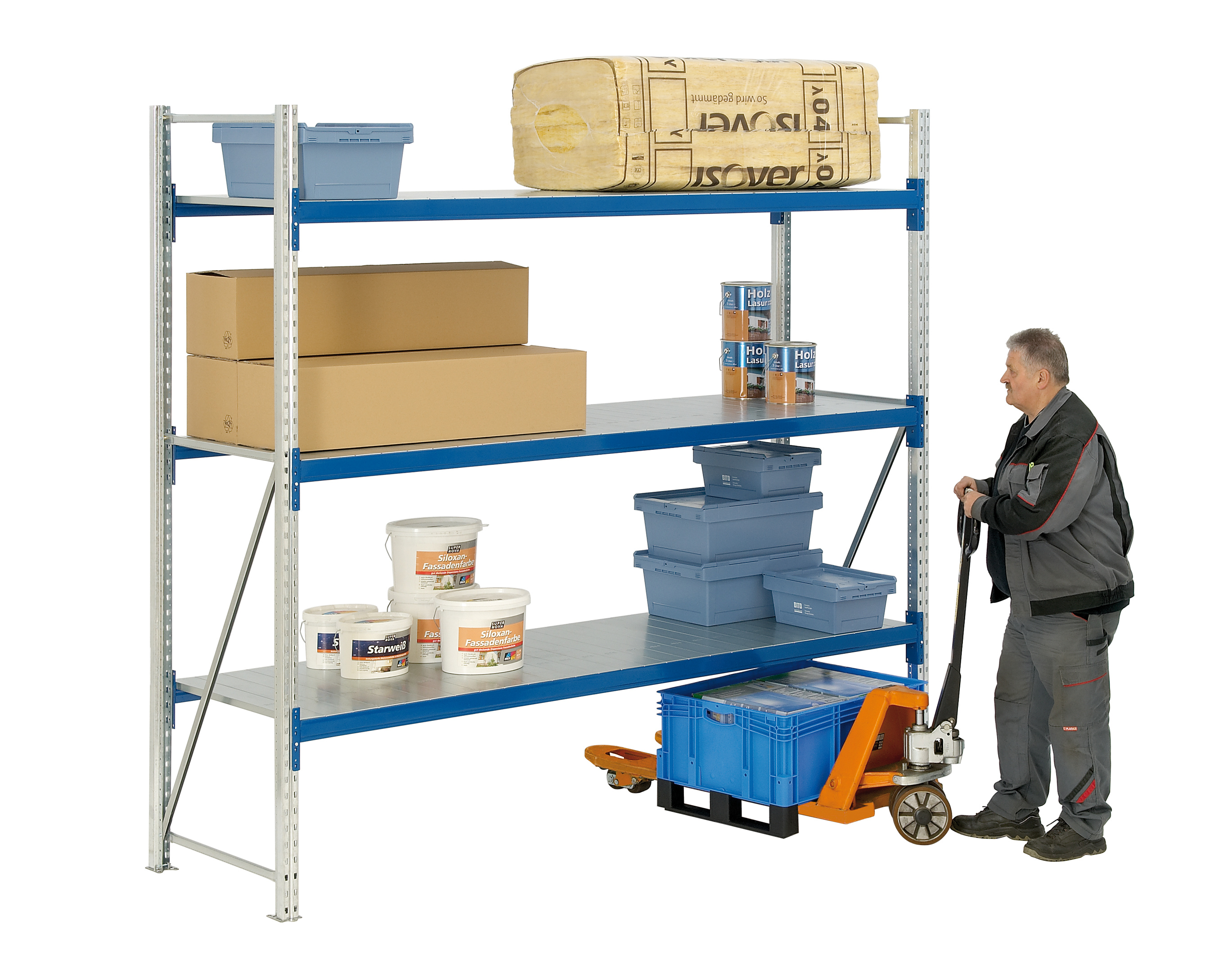 Rayonnages mi-lourds en kit complet, tablettes métalliques, 3 niveaux, bleu, galvanisé, 10053