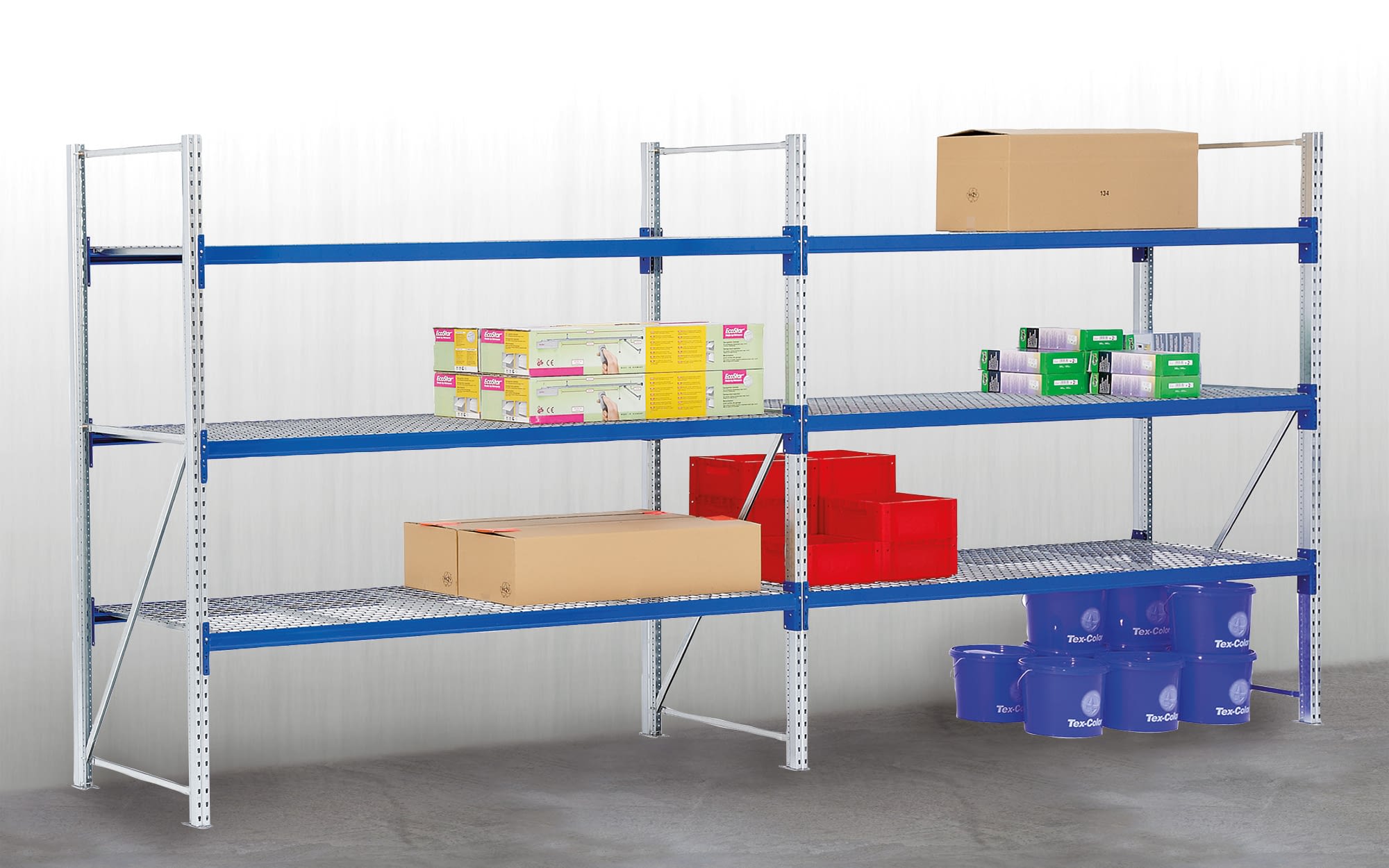 Weitspann-Komplettregale, Gitterböden, Fachebenen: 3, blau, verzinkt, IMG_22358