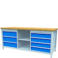 Kastenwerkbänke Premium-Linie, Schubladen, Fach offen, RAL 7035 Lichtgrau / RAL 5012 Lichtblau, Holz, 15-45597