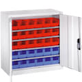 Industrial storage cabinets, with bins, light grey, blue, red, 20716