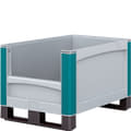 Caisses-palettes pour charges lourdes, série SL, semelles, ouverture de prélèvement au petit côté, gris clair, turquoise, 30354