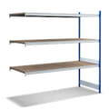 Shelving with extra large chipboard shelves, blue, 13544
