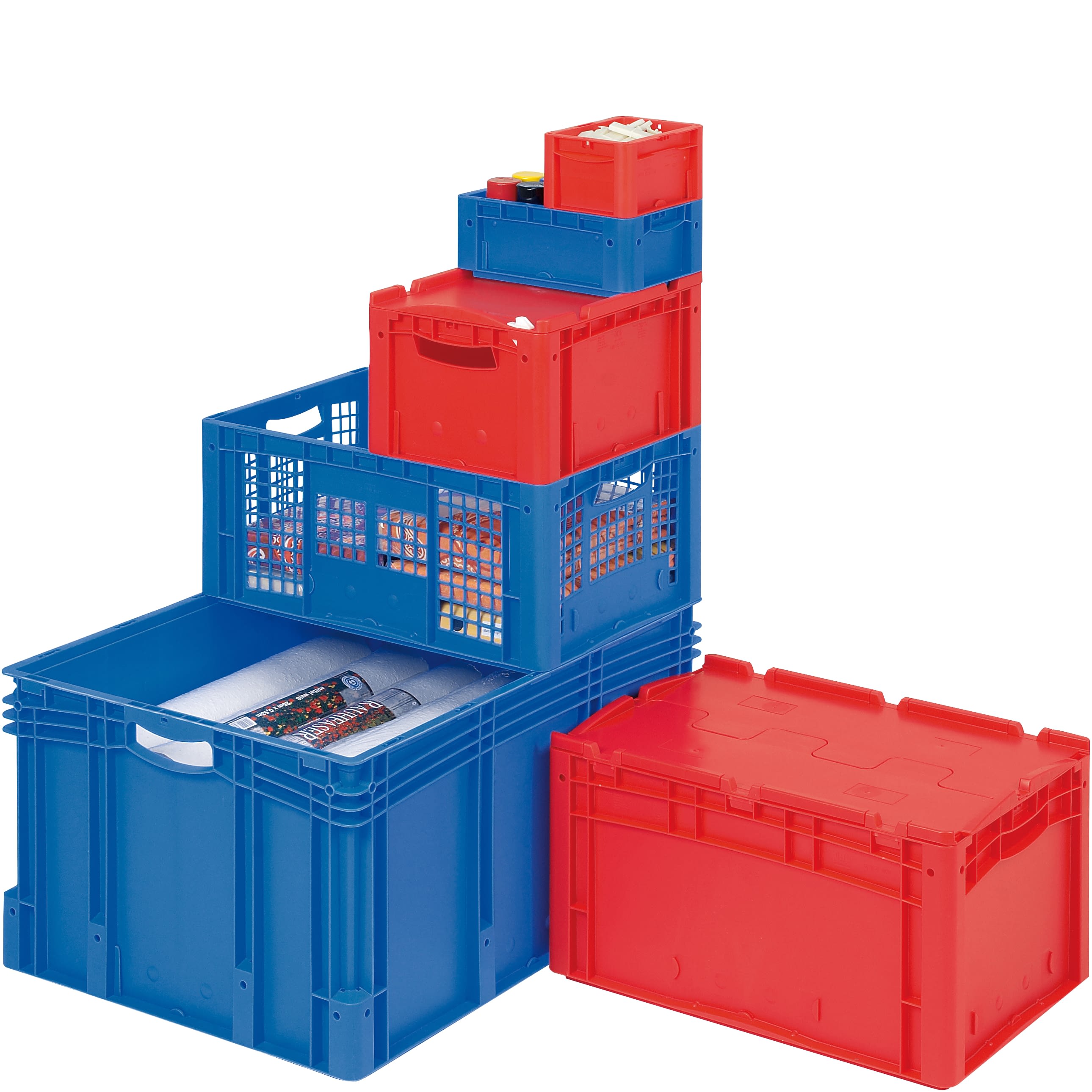 Cajas apilables XL Norma Europea, con paredes cerradas, con paredes rejadas, asas abiertas, tapas abatibles integradas, de una pieza, tapas abatibles integradas en dos partes, azul, rojo, 6850