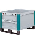 Heavy duty bakken SL, palletvoeten, doorkijk-/ pickopening aan kopse kant, orderverzamelklep, lichtgrijs, turkoois, 30356
