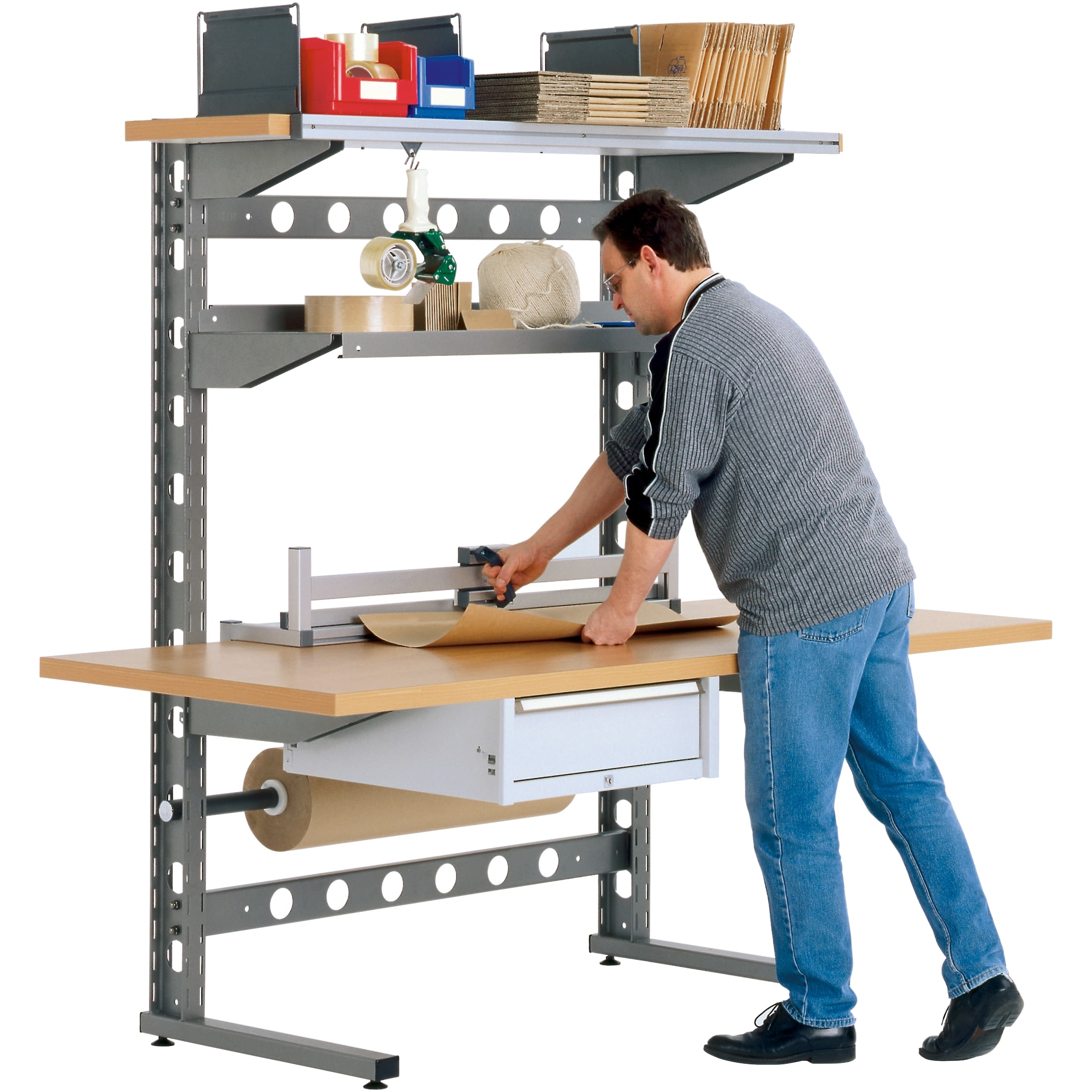 Postes de travail - utilisation simple face, RAL 9007 Aluminium gris, finition hêtre, 44-19443